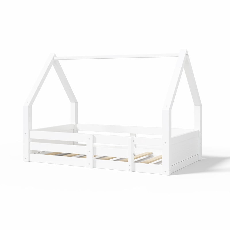 Twin Size Kids House Floor Bed, Wooden Platform Bed Frame with Open Roof Frame, Child Bed with Fence Guardrails