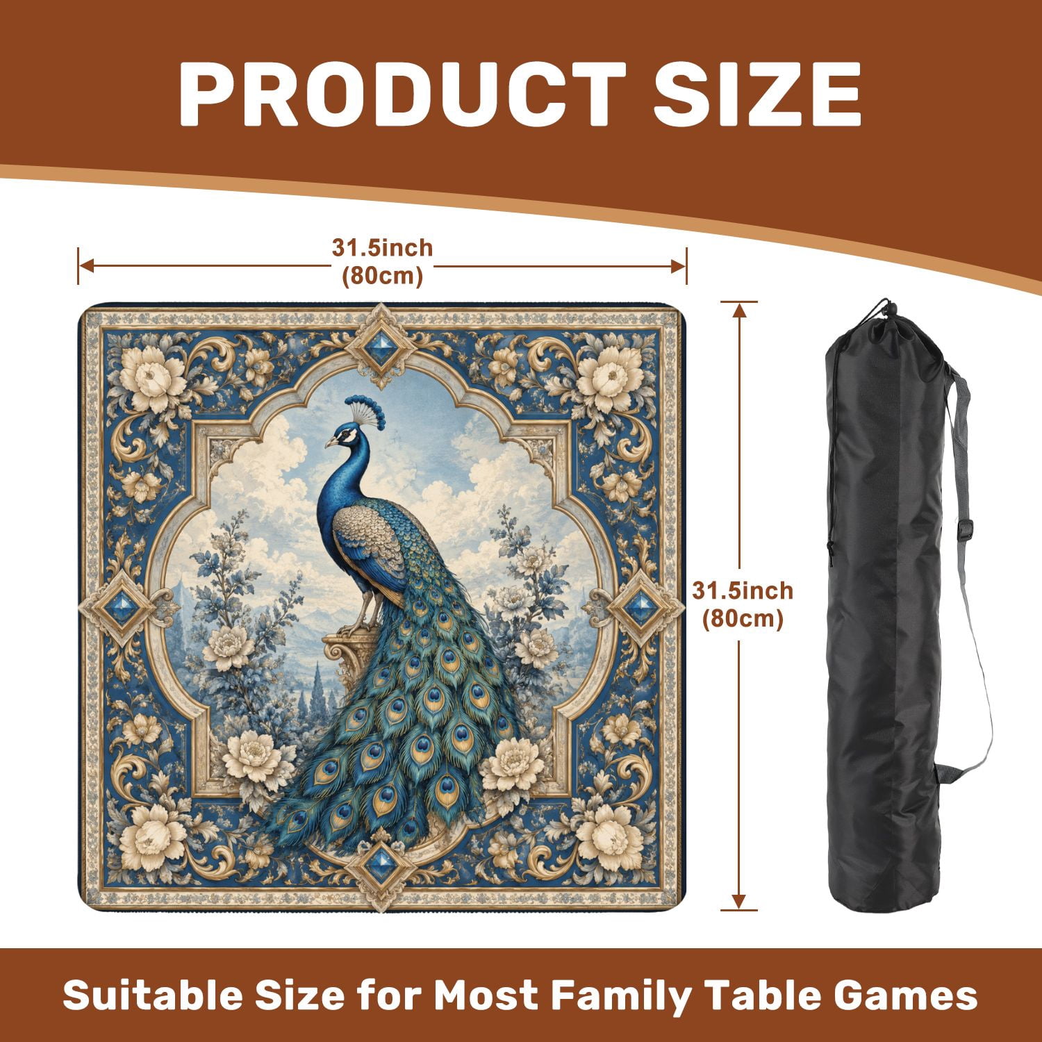 Mahjong Mat 31.5" x 31.5" Peacock Blue Teal Intricate Decorative Framing Non-Slip Noise Reduction Mahjong Tiles Table Cover for Dominoes Poker Card Board and Tile Games