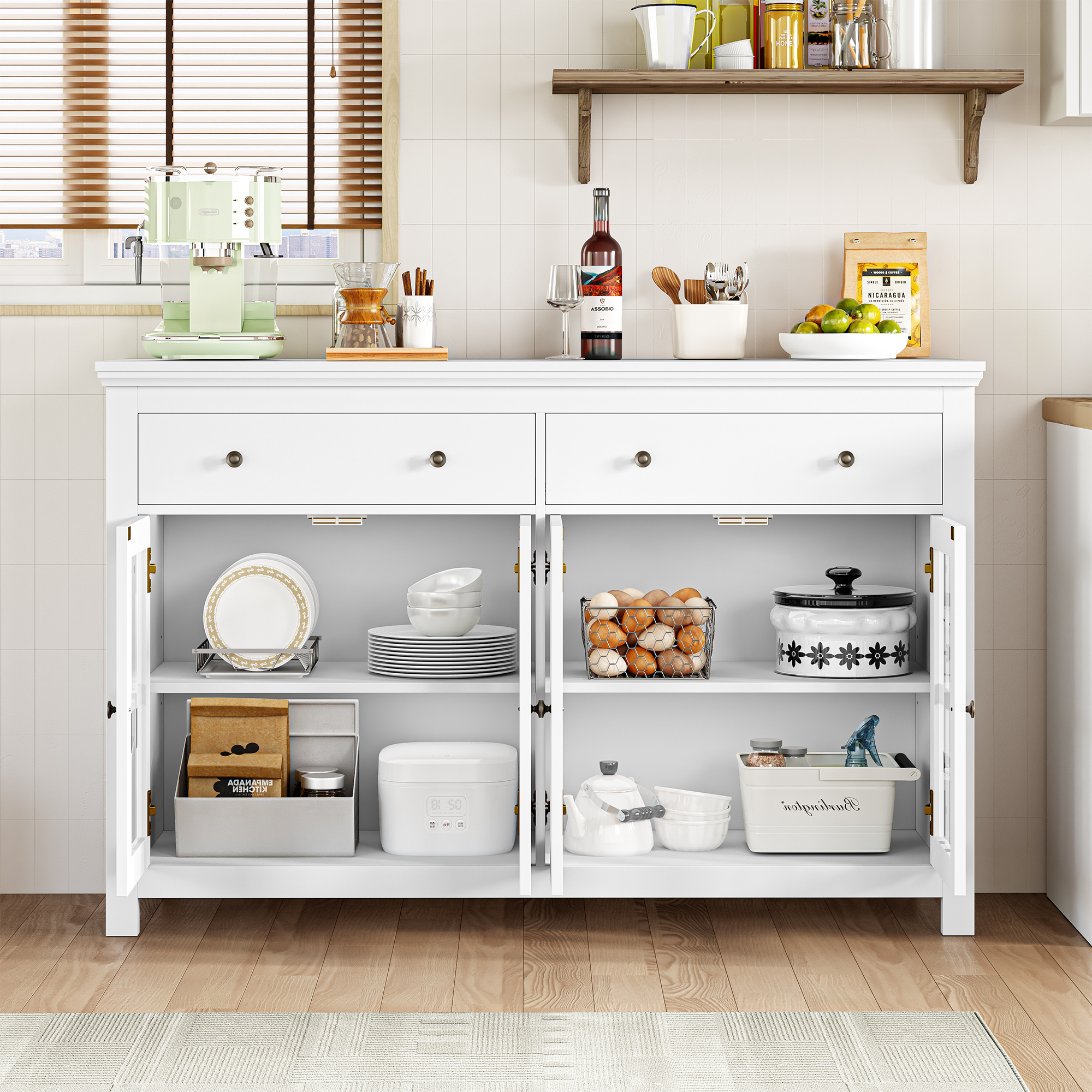 Homfa Kitchen Buffet Sideboard, Modern Wood Storage Cabinet with 4 Glass Doors & 3 Adjustable Shelves for Dining Room, White