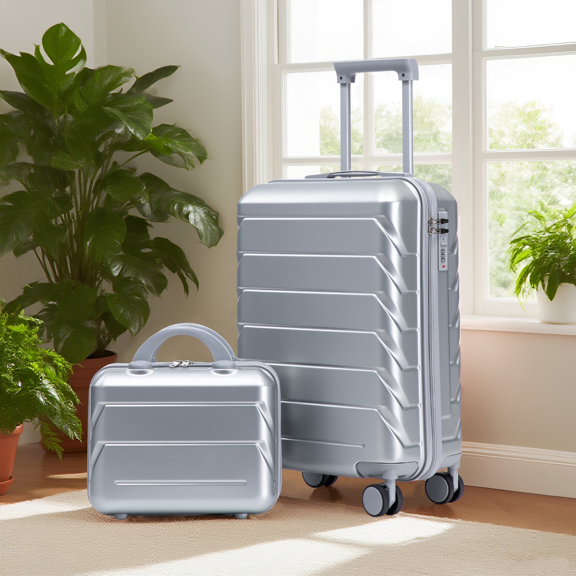 14"/20" 2 pcs/set in ABS Spinner Wheel Luggage, with Combination Lock, 14" Cosmetic Case (Silver)
