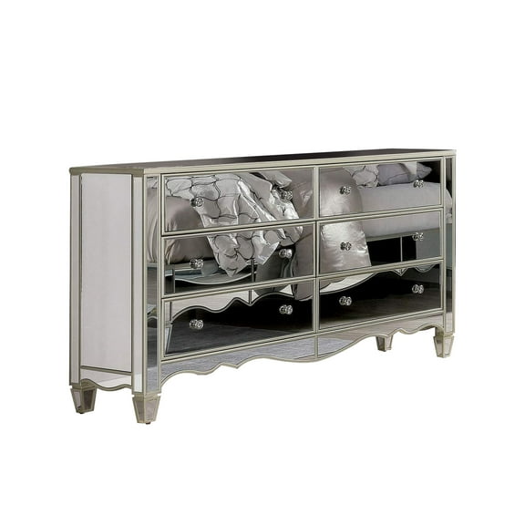Benjara Dresser with Crystal Knobs and Mirror Panels, Silver