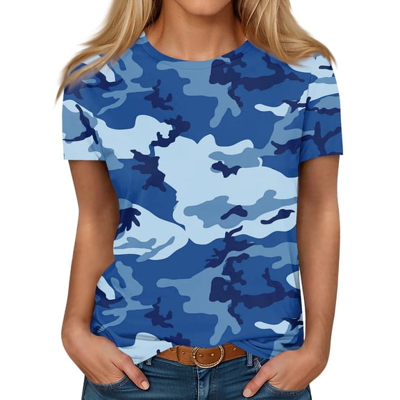 Women’s Short Sleeve Crew Neck Camouflage Print Casual T Shirt Soft Lightweight Relaxed Fit Top Tee for Daily Wear Blue L