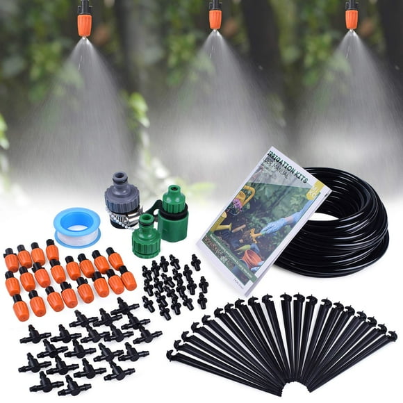 MIXC Kits d'Irrigation par Brume 1/4 Pouce Accessoires Système d'Arrosage des Plantes avec Tuyau de Distribution Vierge de 50 Pieds 1/4 Pouces, 20 Pcs Brumisateurs, 39 Pcs Raccords Barbelés, Piquets de Support, Adaptateur Rapide, Modèle: GG0B