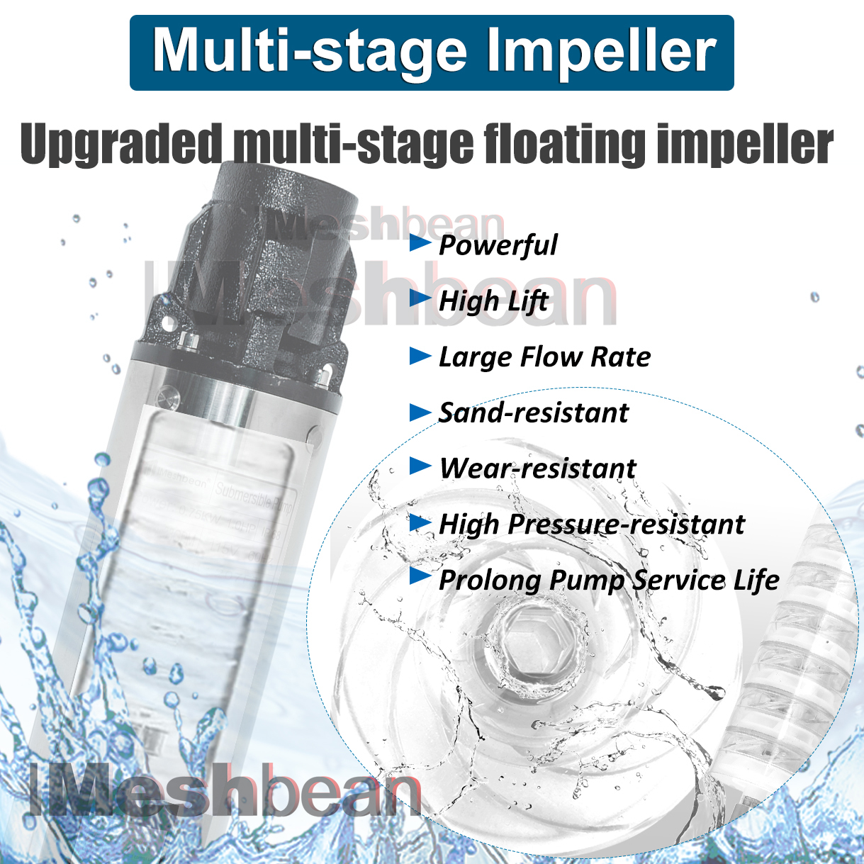 iMeshbean Deep Submersible Well Pump 1HP 35GPM 207ft Head with 100ft Electric Cable,110V 1-1/4" NPT Stainless Steel Water Pump 4" Water Pumps for Industrial, Irrigation and Home Use