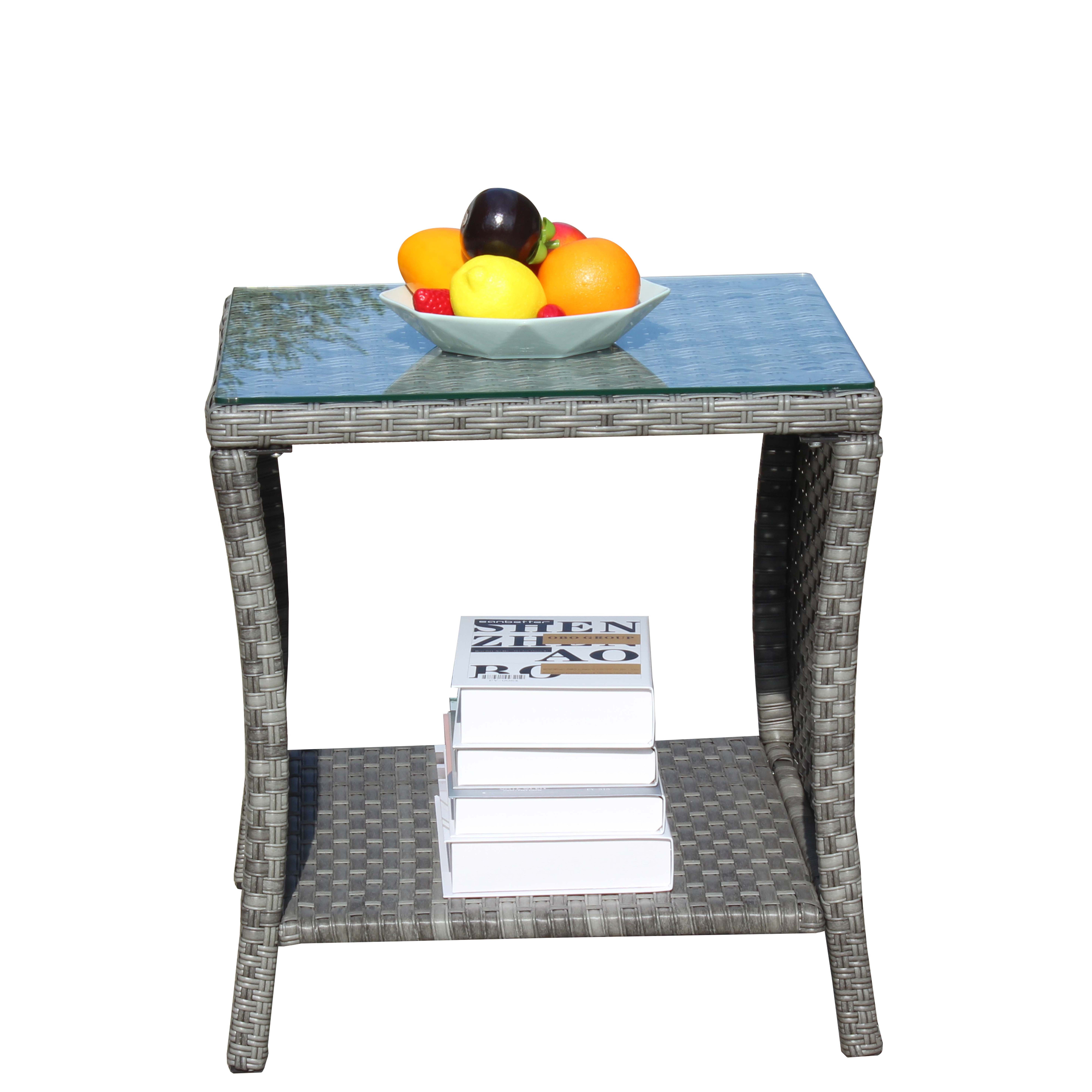 PE Rattan Outdoor Patio Coffee Table with 0.2 Inch Clear Tempered Glass Top, 19.25×19.25×21 Inch Steel Frame Side Table, 120LBS Weight Capacity Weather Resistant Garden Deck Table