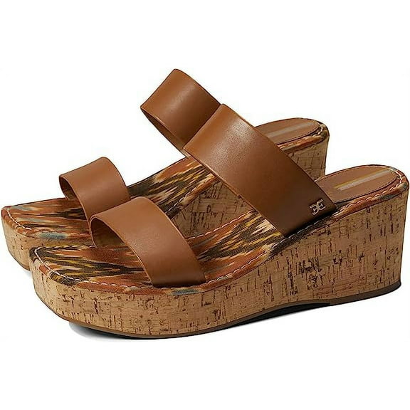 Sam Edelman Alissa Saddle Leather Slip On Double Straps Open Toe Wedges Sandals (Saddle Leather, 9.5)