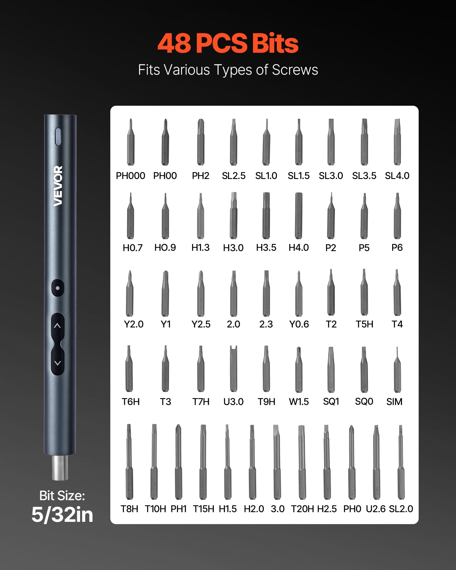 VEVOR Electric Precision Screwdriver Set, 48 Magnetic Bits, Mini Electric Screwdriver with Magnetic Storage Box, S2 Steel Bits, LED Light, Type-C Charging, for Phone, Laptop, and Electronics Repair