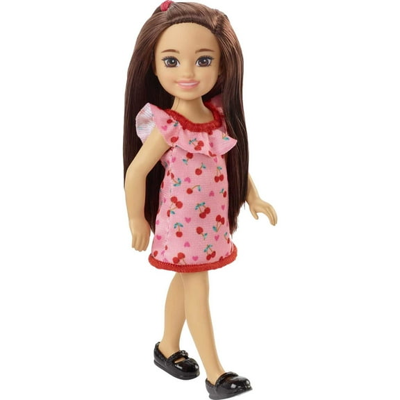Barbie Chelsea Small Doll in Cherry-Print Dress with Brunette Hair & Brown Eyes