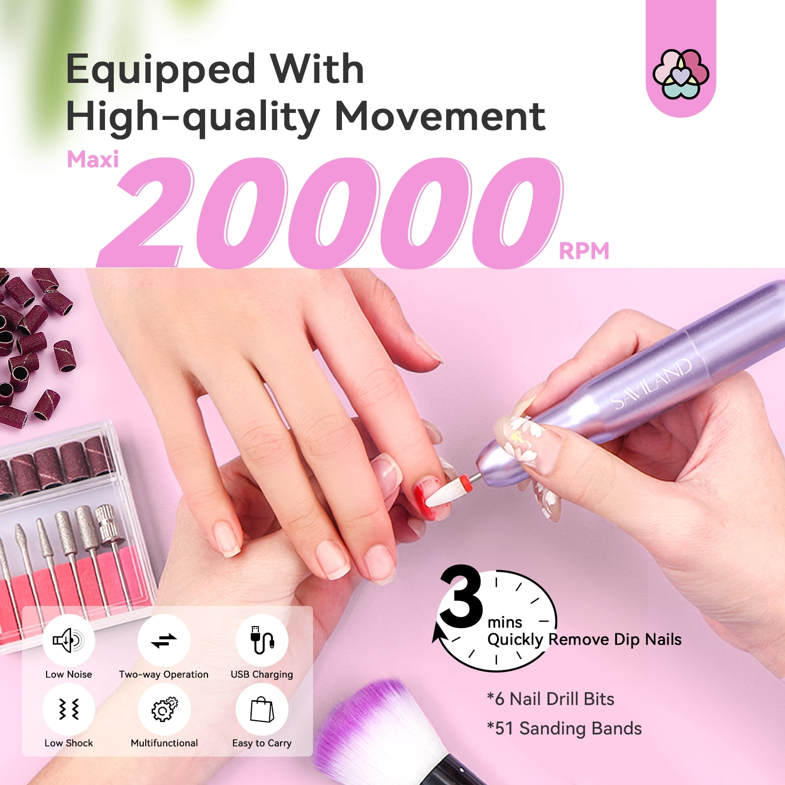 SAVILAND Plus Dip Powder Nail Kit with Drill : 60 g Clear Dip Powder with Dip Base & Top Activator Brush Saver Enrich Castor Oil VE VB for French Nail Art