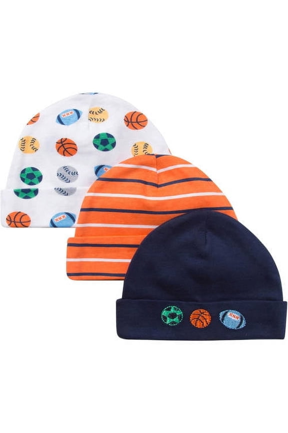 Newborn Baby Boy Embroidered Sport Caps, 3-Pack