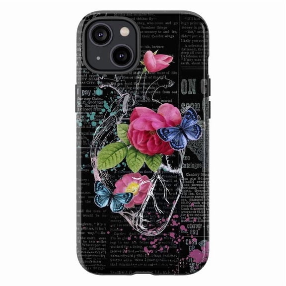 Butterfly Floral Heart Phone Case, Pink Roses & Blue Butterfly Design on Vintage Newspaper Print, Aesthetic Anatomical Heart iPhone Cover for iPhone 16 15 14 13 12 11 Pro Max Plus Mini