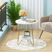 Marble End Table, 2 Tier Round Side Table with Shelves, Modern Gold Nightstand Bedside Table Small Coffee Accent Table for Living Room Bedroom, White and Gold