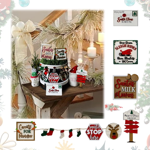 Christmas Decorations for Home, Wooden Farmhouse Tiered Tray Decor Featuring Handcrafted Flat Wood Signs with Festive Motifs, Rustic Table Centerpieces for Holiday Tablescapes and
