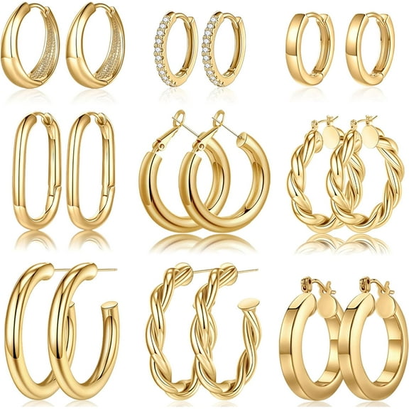 JamY Home 9 Pairs Gold Hoop Earrings for Women, 925 Sterling Silver Post 14K Real Gold Plated Chunky Hoop Earrings Set for Women Hypoallergenic Thick Lightweigh 14K-Gold-Plated