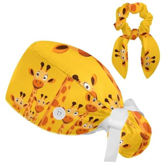 RATGDN Cute Giraffe Working Scrub Cap for Women Men - Adjustable Bouffant Tie Back Hat with Hair Bow - Perfect for Work, Leisure, Nurses and Medical Professionals - One Size Fits All