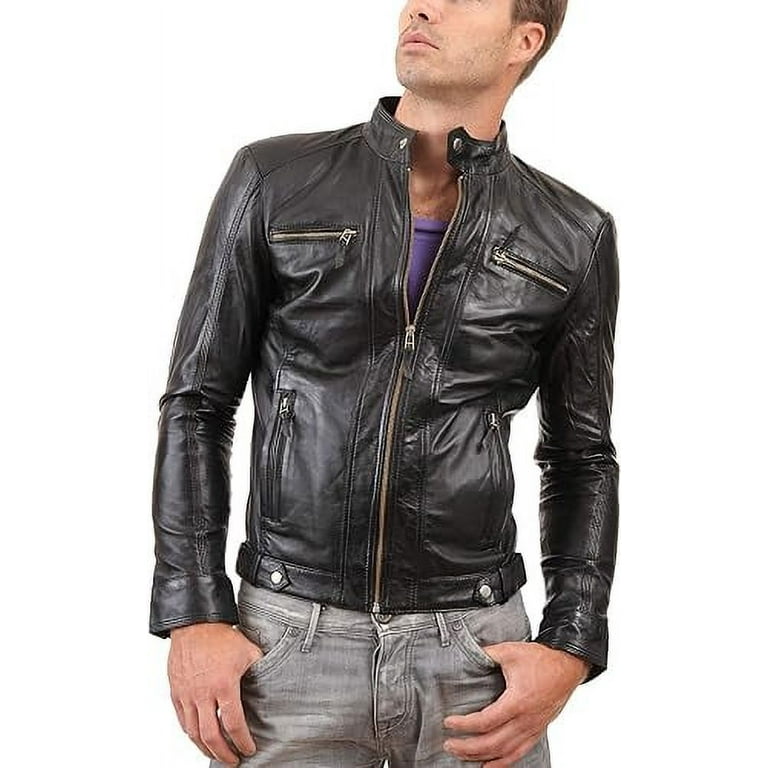 Mens Sheepskin Real Leather Jacket Zipper Biker Moto Slim Fit