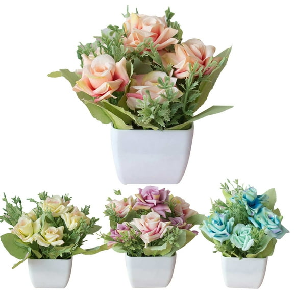Visland Artificial Plants Faux Rose Flower Potted Small Artificial Bonsai Fake Plants with Pots for Home Desk Office Desktop Decoration Indoor Outdoor Decor