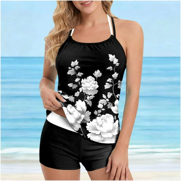 Oksale 2 Piece Tankini Bathing Suit for Women Adjustable Strap Halter Modest Swimwear with Boyshorts Flowy Floral Beachwear 2026 Multicolor L