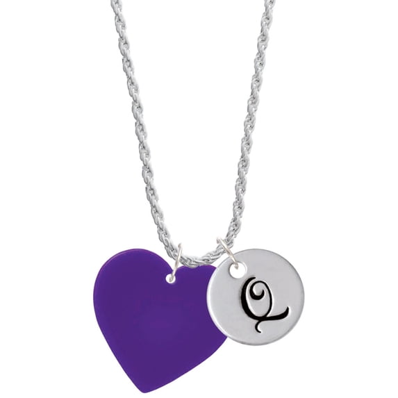 Delight Jewelry Acrylic 1" Purple Heart Silvertone Script Initial Disc - Q - Charm Necklace, 20"+3"