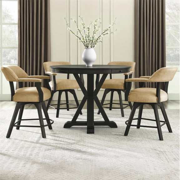 Steve Silver Rylie Counter Table & 4 Swivel Counter Chairs Black Finish/Sand