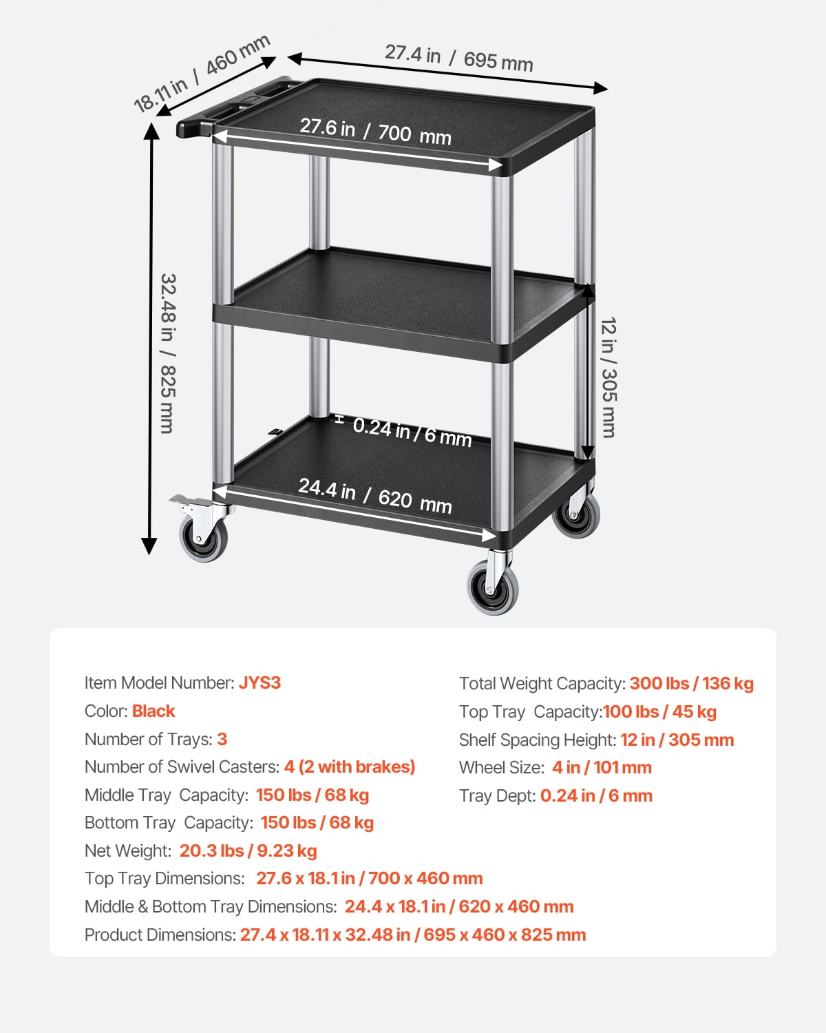 VEVOR Utility Cart, 300 lbs Load Capacity, 27.6 x 18.1-inch Service Cart, Three-Shelf Heavy Duty Plastic Utility Cart with 360° Swivel Wheels (2 with Brakes), Suitable for Warehouse, Garage