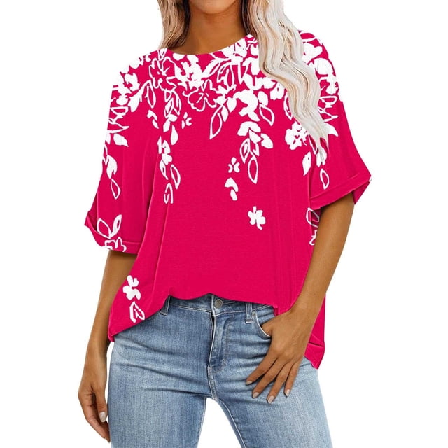 Camisas de Manga Corta para las Mujeres Blusa Suelta de Impresión Recortada Casual, 95% Poliéster 5% Spandex Top para Gimnasio, Diario Y Verano