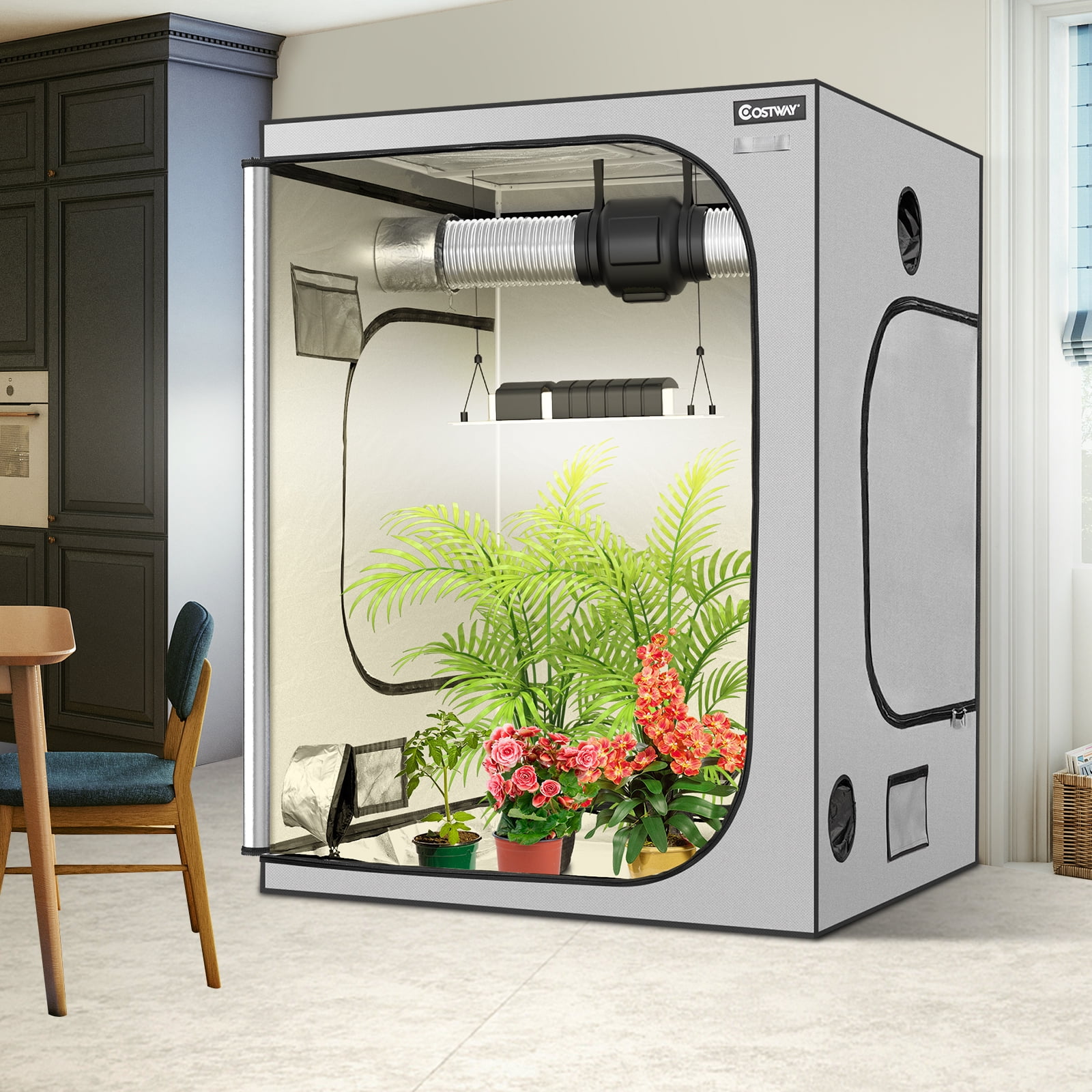 COSTWAY Grow Tent, Mylar Hydroponic Tents With Vents Observation Window Tool Bag And Removable Floor Tray Lightproof Greenhouse Box For Indoor Plants Growing Seeding 150 150 180 Cm