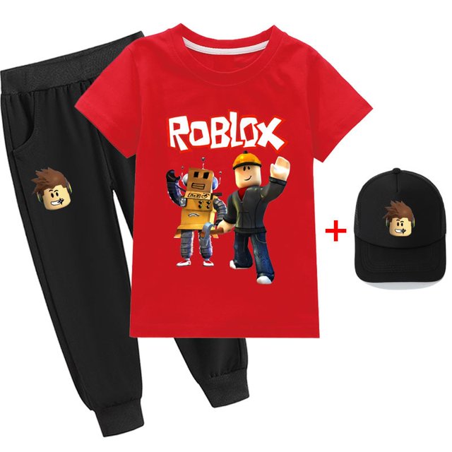Traje de camiseta de manga corta y sombrero para niños y niñas, juego de animación Roblox periférico, algodón fino bidimensional, el mejor regalo, nuevo