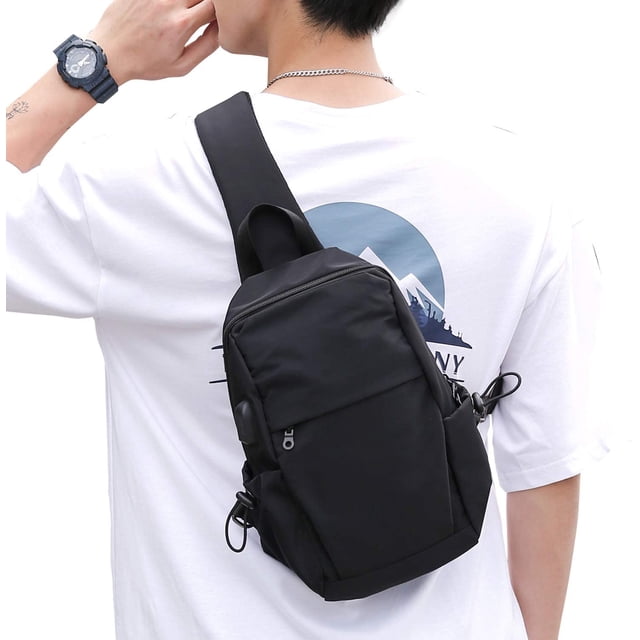 Mochila pequeña negra con bandolera para hombres y mujeres, mochila ligera con una correa, mochila para senderismo, caminar, ciclismo, viajes, ciclismo, puerto de carga USB, nailon MFZFUKR YBY043