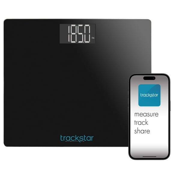 Trackstar Wide-Platform Black Digital Weight Scale 550 lb Weight Capacity Trackstar Monitoring App Bluetooth iOS & Android Compatible Measure, Track, and Share Results