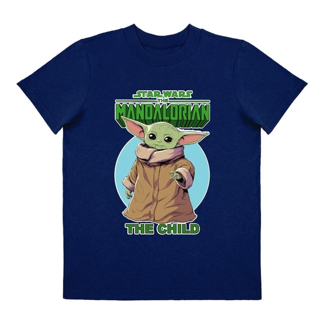 Playera para niño Lucasfilm Star Wars cuello redondo manga corta talla 4 azul marino, de algodón suave y ligero, con estampado frontal de The Mandalorian y The Child en tonos verde y marrón, ideal para ropa infantil cómoda y casual.