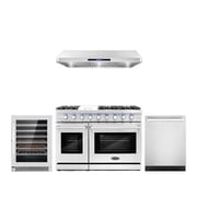 Cosmo 4 Piece Kitchen Appliance Packages with 48" Freestanding Gas Range 48" Under Cabinet Range Hood 24" Built-in Dishwasher & 48 Bottle Freestanding Wine Refrigerator Kitchen Appliance Bundles