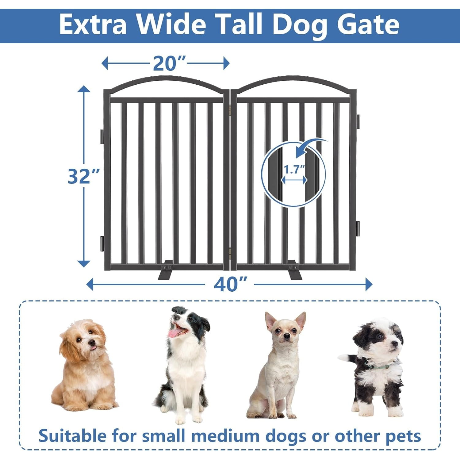 Metal Freestanding Dog Gate, 32'' Height Outdoor Indoor Dog Fences, Extra Wide Foldable Puppy Gate for Stairs (Black, 【2 Panels】 40''W × 32''H)