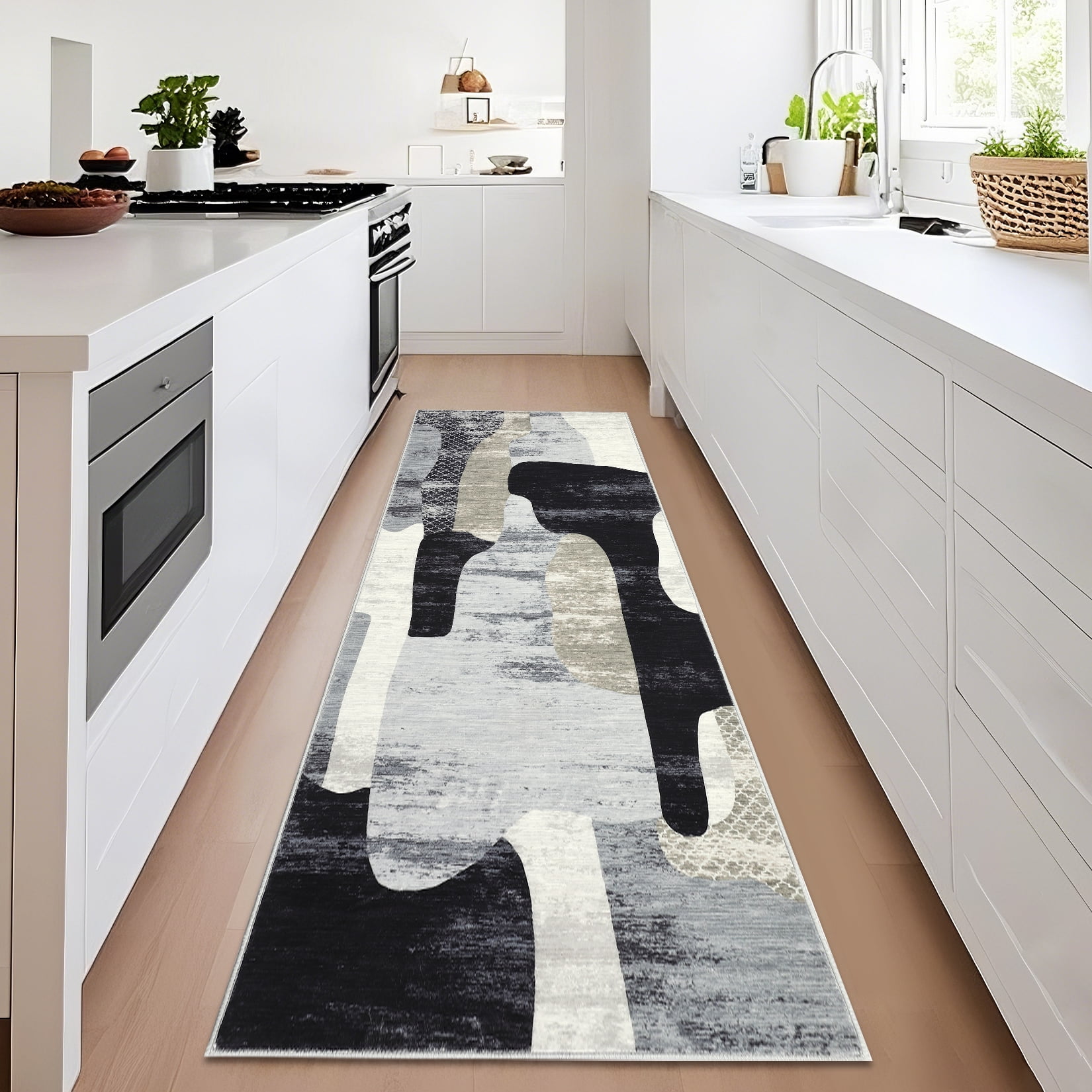 Hasoo Runner Rug 2x6 Non-Slip Washable Low Pile Abstract Print for Kitchen Indoor Gray