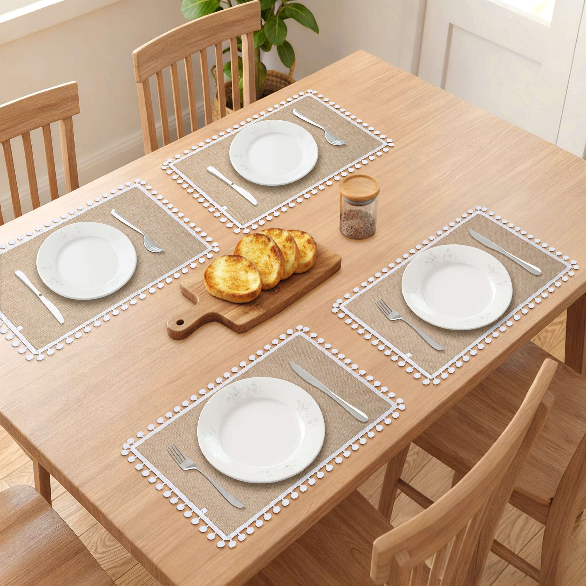 Unique Bargains Farmhouse Placemats 6pcs Jute Placemats White Pom 17.7"x11.8"