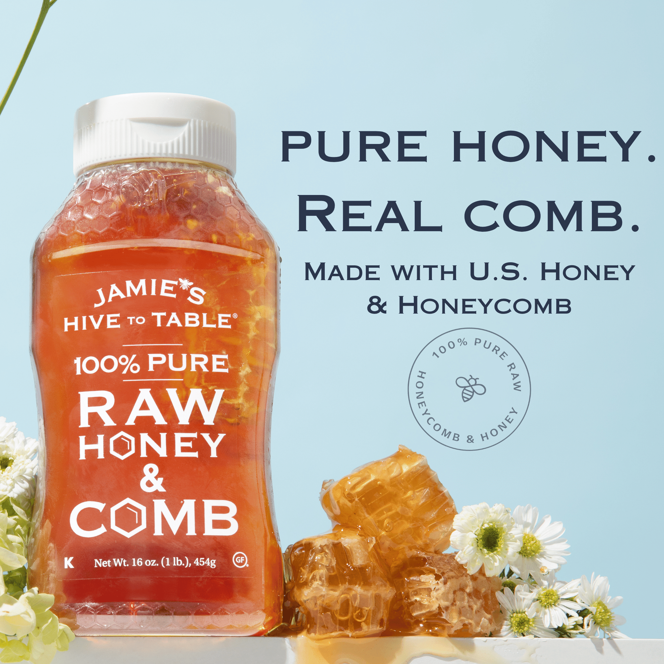 Jamies Hive to Table 100% Raw Honey & Comb, Premium, Pure Honey, 16 oz Bottle