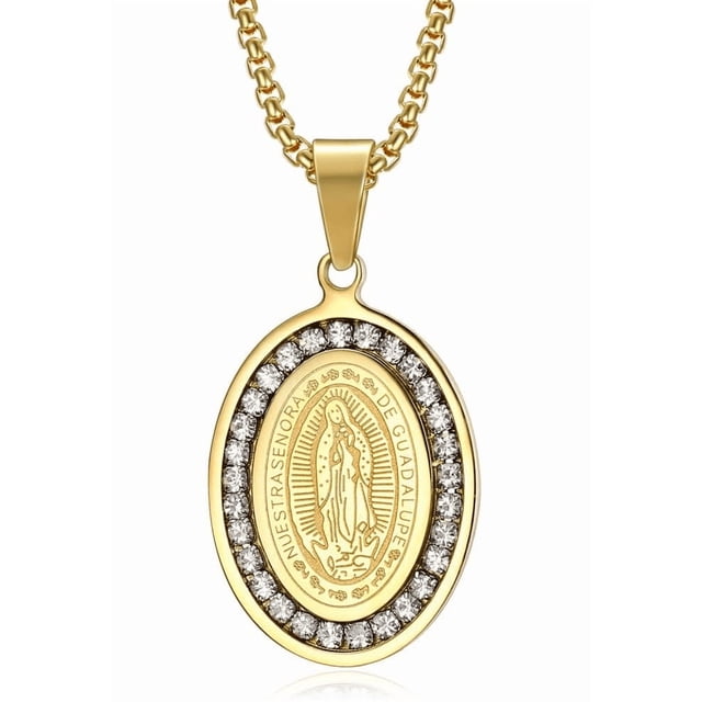 Collar de Medalla Virgen de Guadalupe Acero Inoxidable Baño de Oro 14k, Collares Medalla Virgen María Oración Xtellar Dorado