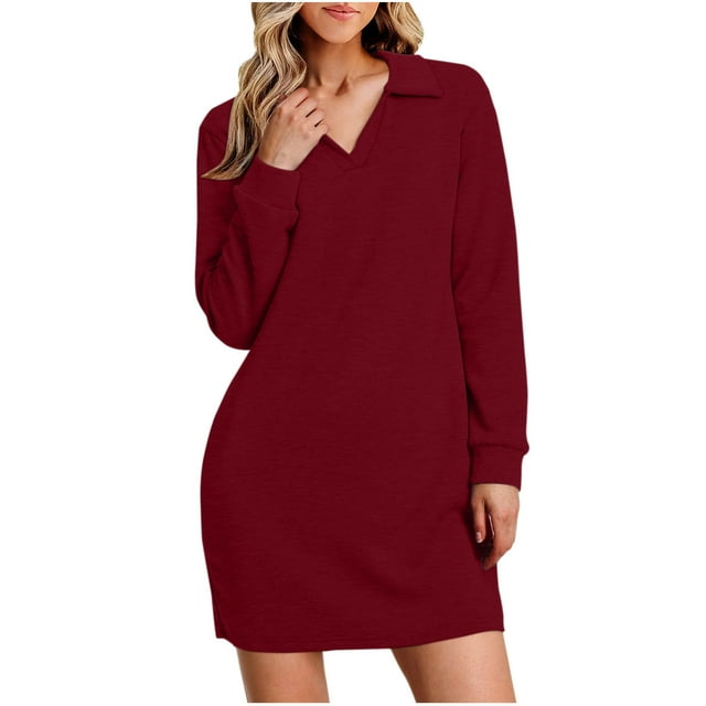 Lovzfmll Robe d'Automne pour Femmes, Couleur Unie, Col en V, Manches Longues, Style Sport, Vin, TG