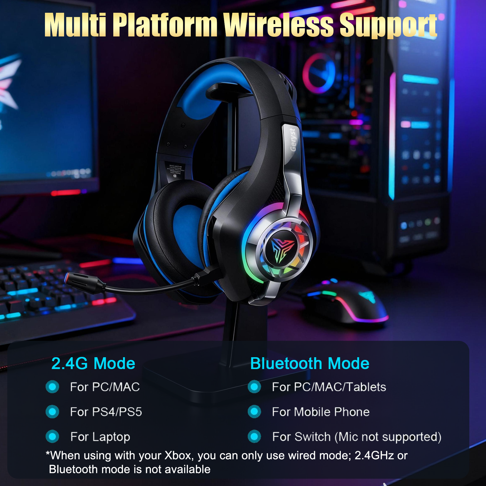 Geryst Wireless Gaming Headset, 7.1 Surround, Black photo 6