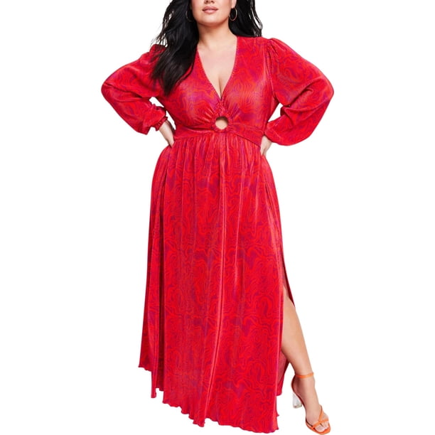 Nina Parker Womens Pleated Maxi Dress, red, Plus Size, 2X