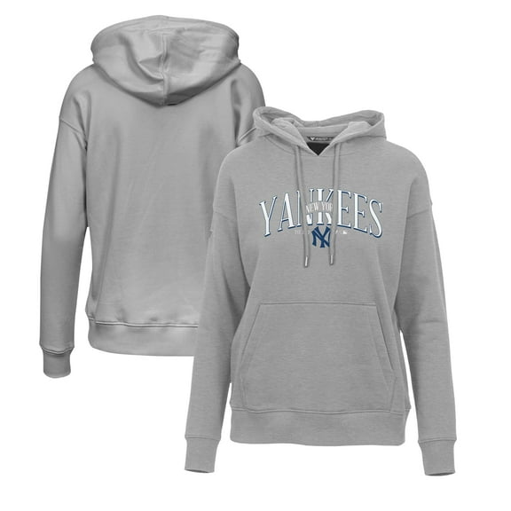 Women's Levelwear Gray New York Yankees Adorn Cooperstown Collection Retro Spellout Pullover Hoodie