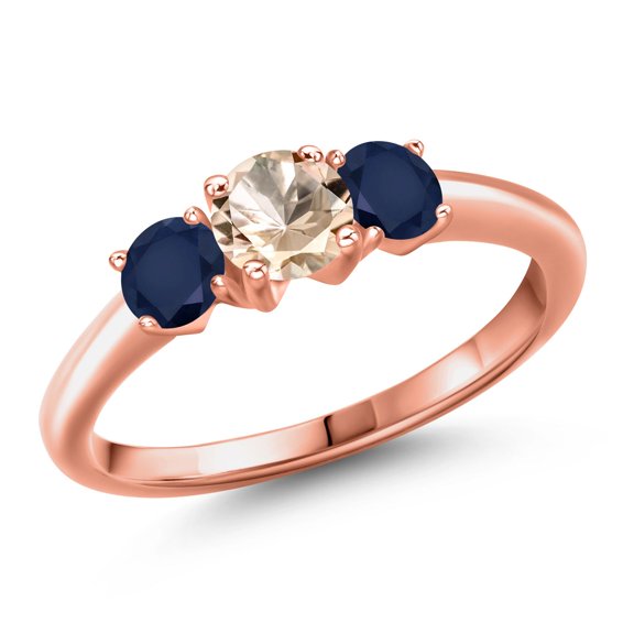 Gem Stone King 18K Rose Gold Plated Silver Peach Morganite and Blue Sapphire Engagement Ring for Women | 1.10 Cttw | Round 5MM | Gemstone October Birthstone | Size 7