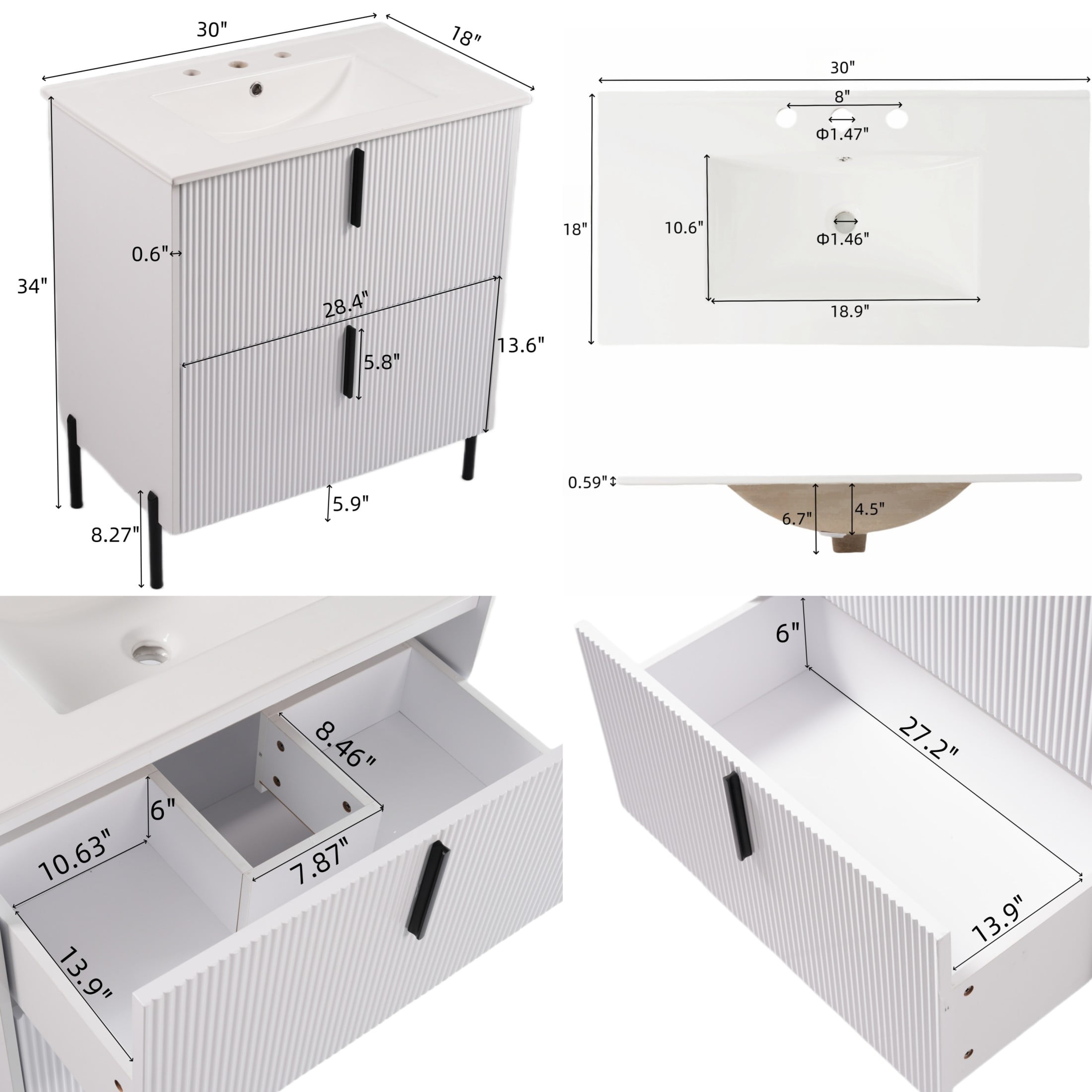 Christopher Knight Home 30" White Bathroom Vanity with Ceramic Sink, Soft Close Drawers, Black Metal Legs