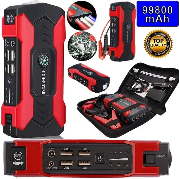Car Jump Starter, 99800mAh Peak Car Battery Charger, 12V Jump Box Jumper Battery Pack (up to 10L Gas or 8.5L Diesel) with Portable Charger, Emergency LED Light, Escape Safty Hammer, Compass