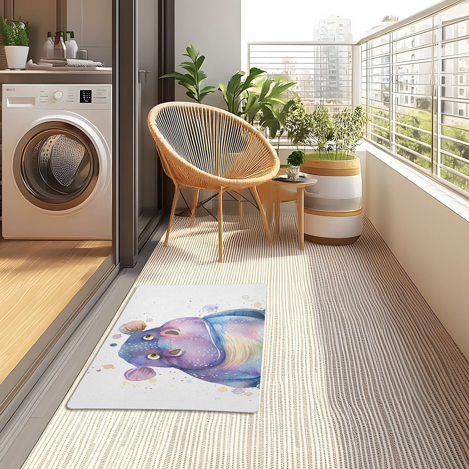 JSTEL Watercolor Hippo Hippopotamus Front Door Mat Outside Entrance 32x20 Inch Doormat for Outdoor Indoor Washable Non Slip Floor Mats