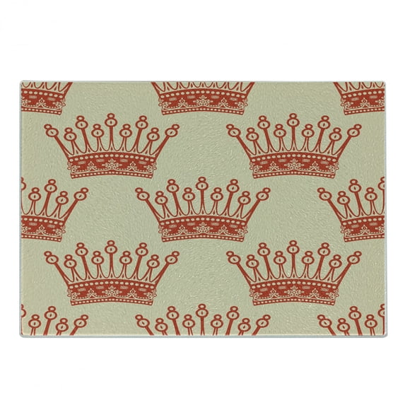 Queen Cutting Board, Crowns Pattern Vintage Design Coronation Imperial Kingdom Nobility Theme, Decorative Tempered Glass Cutting and Serving Board, Small Size, Grey Yellow Vermilion, by Ambesonne