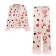 thumbnail image 4 of Women Valentine Heart Print Pajamas Set Satin Trim Long Sleeve Shirt Pants Loungewear Sleepwear, 4 of 4