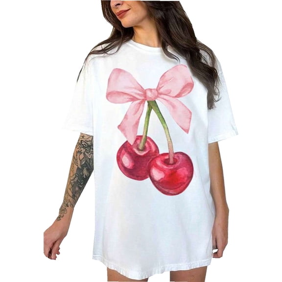 Silver Basic Women's Oversized Y2K Short Sleeved Bow And Cherry Print Casual Summer Shirt Kawaii Streetwear T-shirt S,White-1