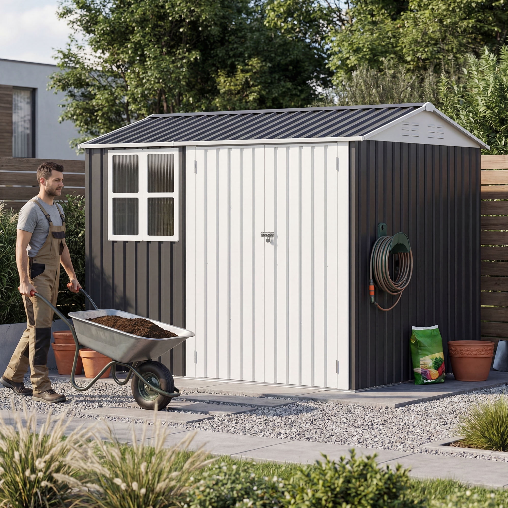 Uforic Metal Outdoor Storage Shed, 8x6ft Steel Tool Shed with Window, Lockable Door and Sloped Roof, for Backyard Patio Garage Lawn, Gray and White