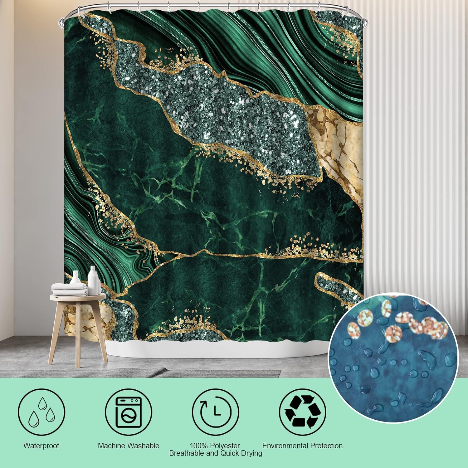 4PCS Marble Shower Curtain Sets, Modern Bathroom Sets With Toilet Lid Rug, Contour and Bath Mat, Luxury Bathroom Decor with 12 Hooks